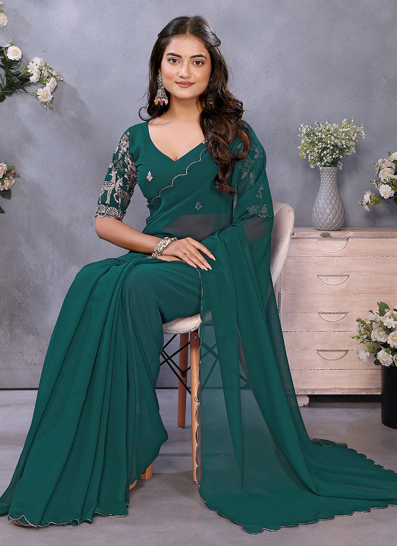 Vellora Rama Green Georgette Embroidery Zari Work Saree | Grocsy