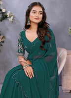 Vellora Rama Green Georgette Embroidery Zari Work Saree | Grocsy