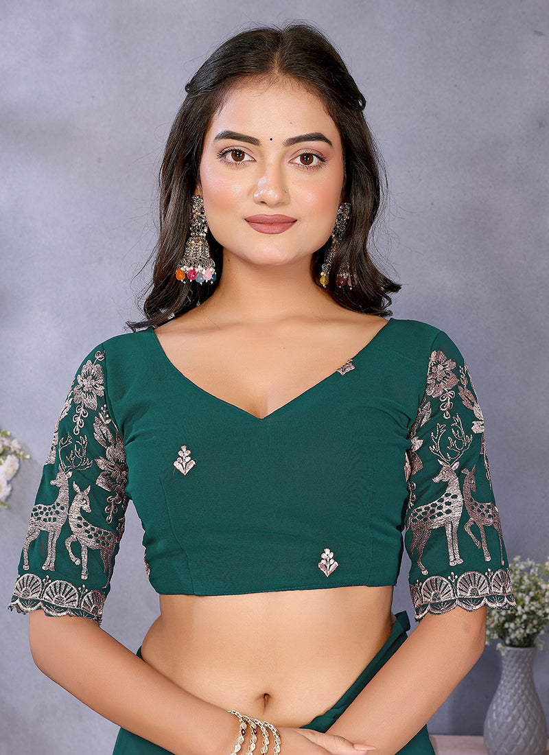 Vellora Rama Green Georgette Embroidery Zari Work Saree | Grocsy