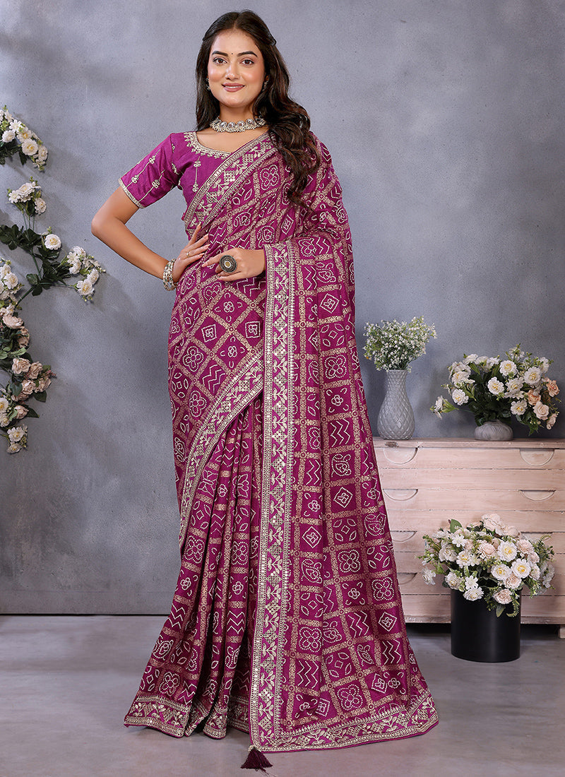 Vellora Wine Vichitra Silk Foil Embroidery Codding Work Saree | Grocsy