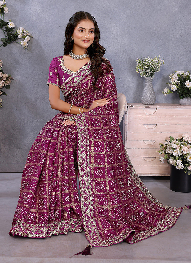 Vellora Wine Vichitra Silk Foil Embroidery Codding Work Saree | Grocsy