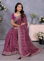 Vellora Wine Vichitra Silk Foil Embroidery Codding Work Saree | Grocsy