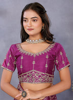 Vellora Wine Vichitra Silk Foil Embroidery Codding Work Saree | Grocsy