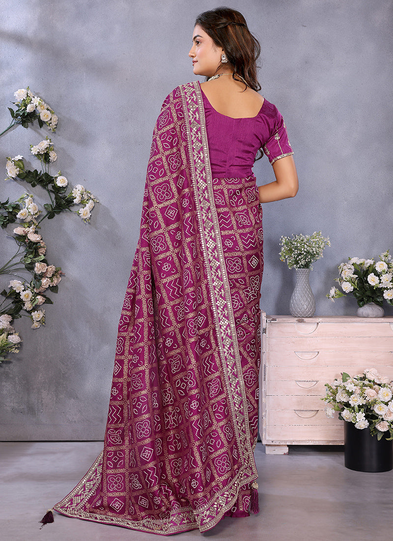 Vellora Wine Vichitra Silk Foil Embroidery Codding Work Saree | Grocsy