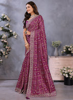 Vellora Wine Vichitra Silk Foil Embroidery Codding Work Saree | Grocsy