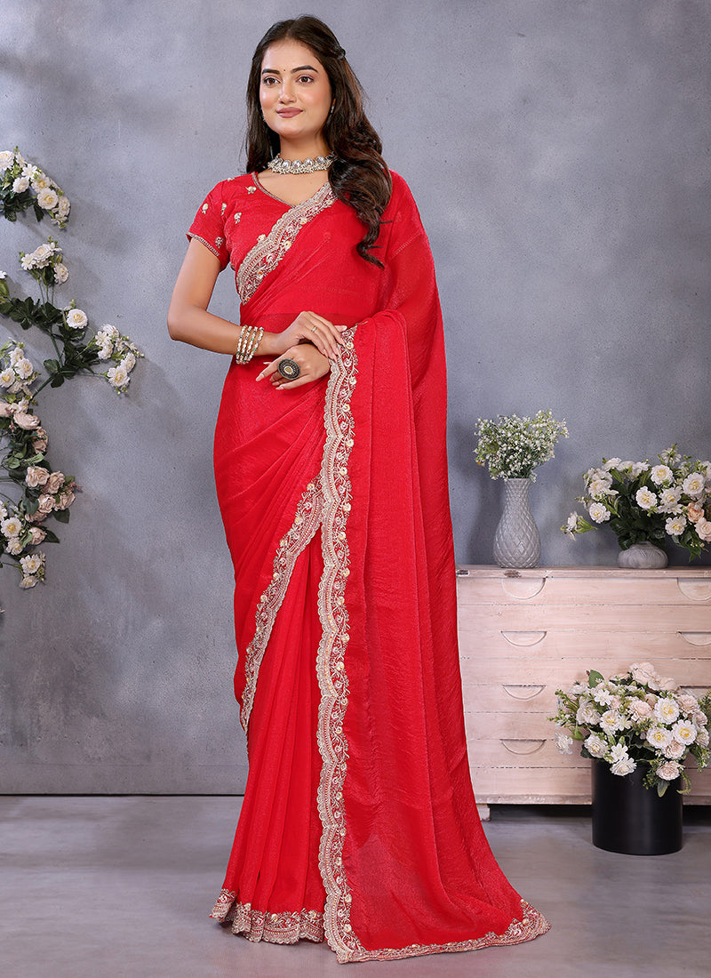 Vellora Red Fendi Chiffon Embroidery Resham Work Saree | Grocsy