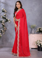 Vellora Red Fendi Chiffon Embroidery Resham Work Saree | Grocsy