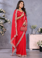 Vellora Red Fendi Chiffon Embroidery Resham Work Saree | Grocsy