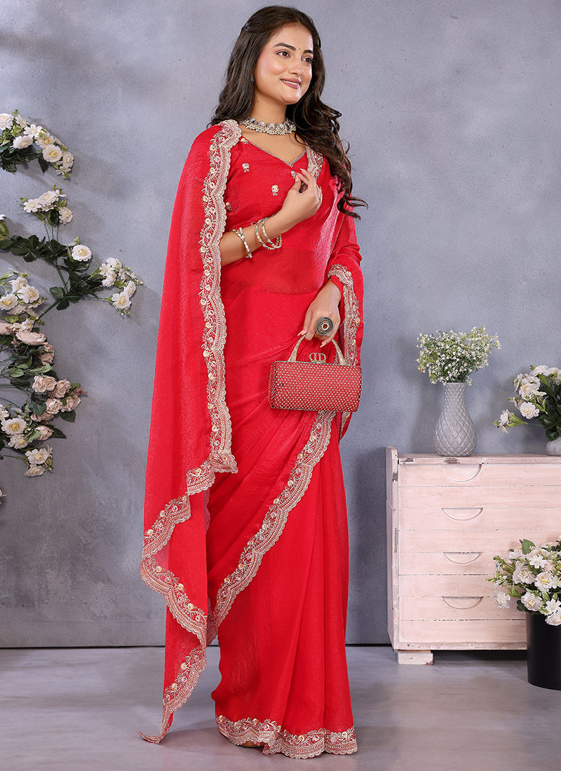 Vellora Red Fendi Chiffon Embroidery Resham Work Saree | Grocsy