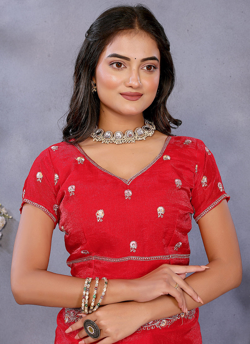 Vellora Red Fendi Chiffon Embroidery Resham Work Saree | Grocsy