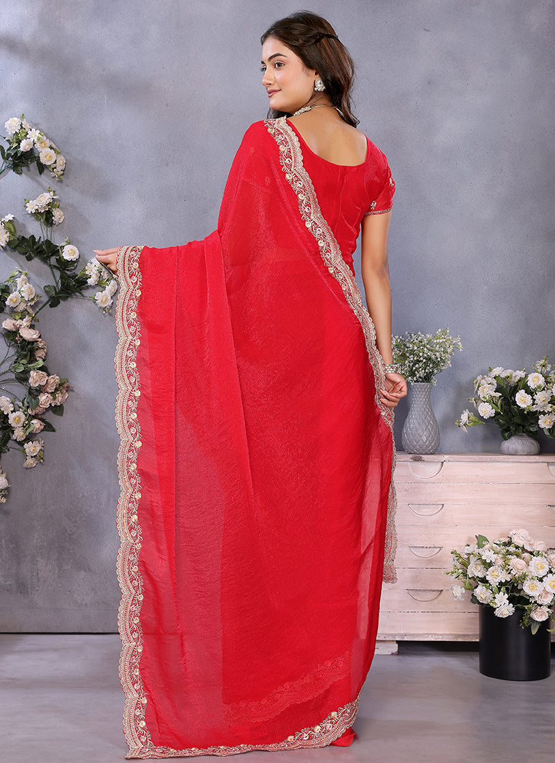 Vellora Red Fendi Chiffon Embroidery Resham Work Saree | Grocsy