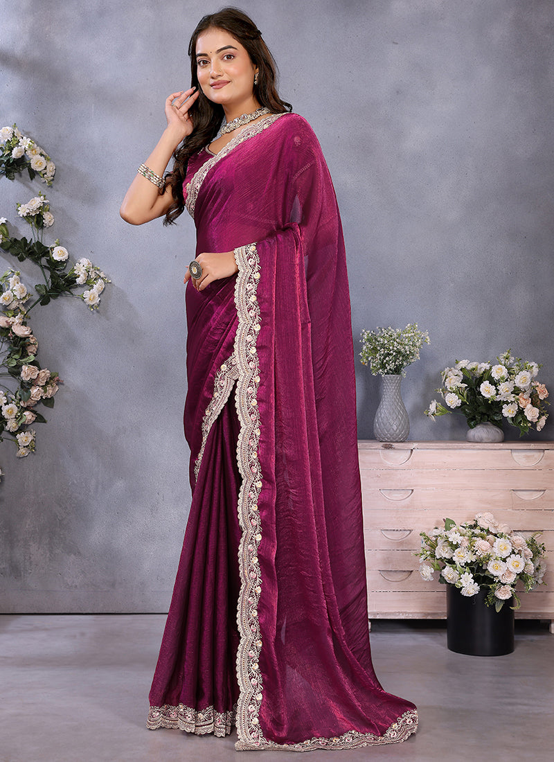 Vellora Wine Fendi Chiffon Embroidery Resham Work Saree | Grocsy