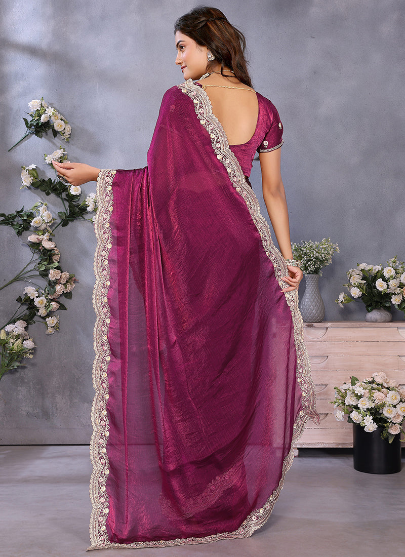 Vellora Wine Fendi Chiffon Embroidery Resham Work Saree | Grocsy