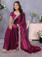 Vellora Wine Fendi Chiffon Embroidery Resham Work Saree | Grocsy