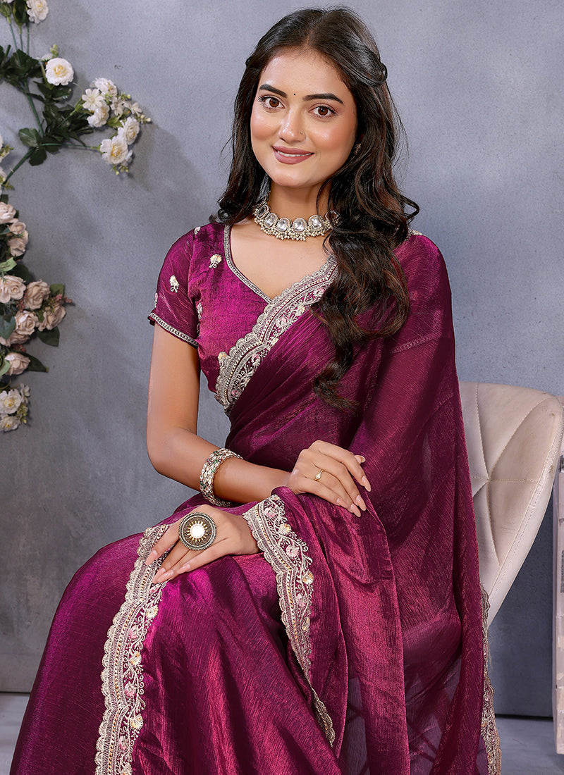 Vellora Wine Fendi Chiffon Embroidery Resham Work Saree | Grocsy