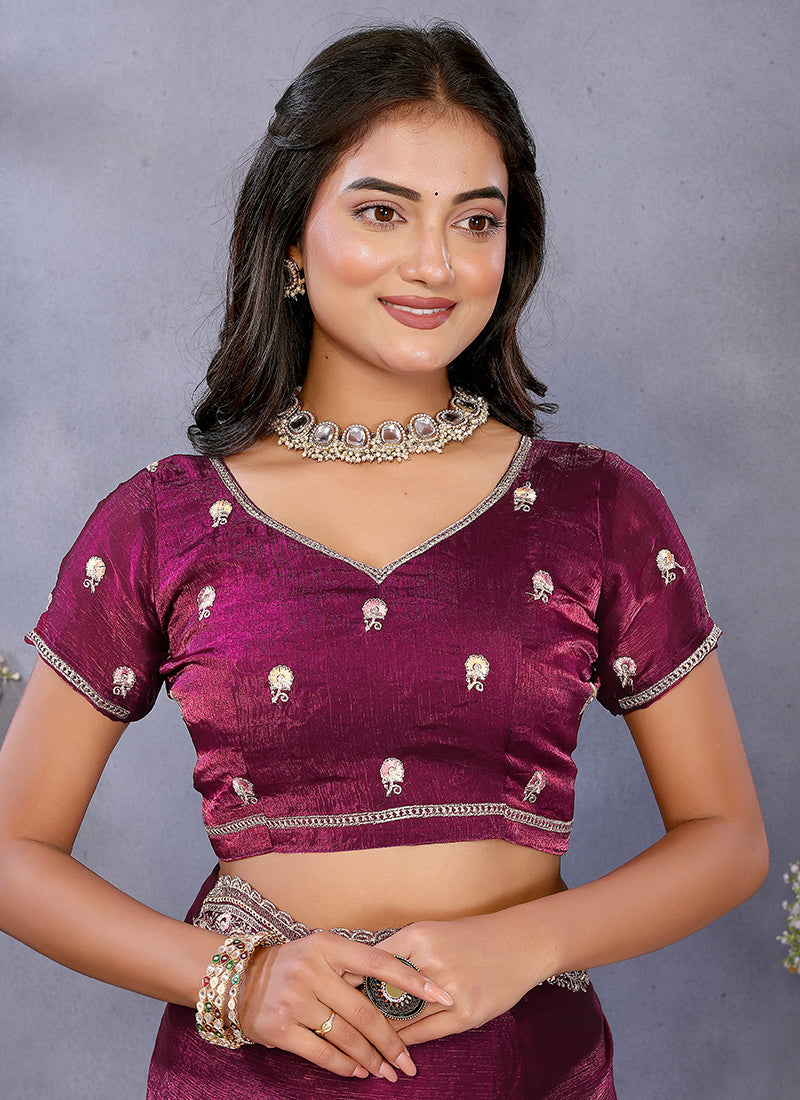 Vellora Wine Fendi Chiffon Embroidery Resham Work Saree | Grocsy