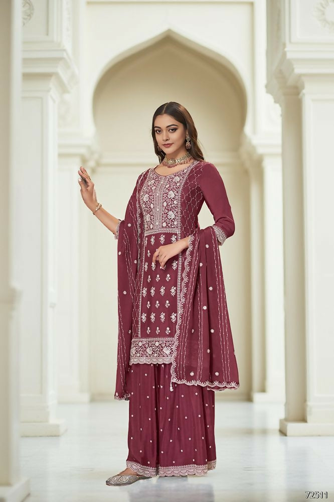 EthnicFestive Wear Premium Chinon Fabric Maroon Stitched Suit With Dupatta-Zeeya | Grocsy