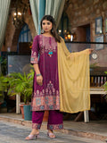 Juniper Women's Plum Floral Printed Liva Rayon Kurta Pant And Dupatta Set With Thread Work Gota Patti & Beads | Grocsy