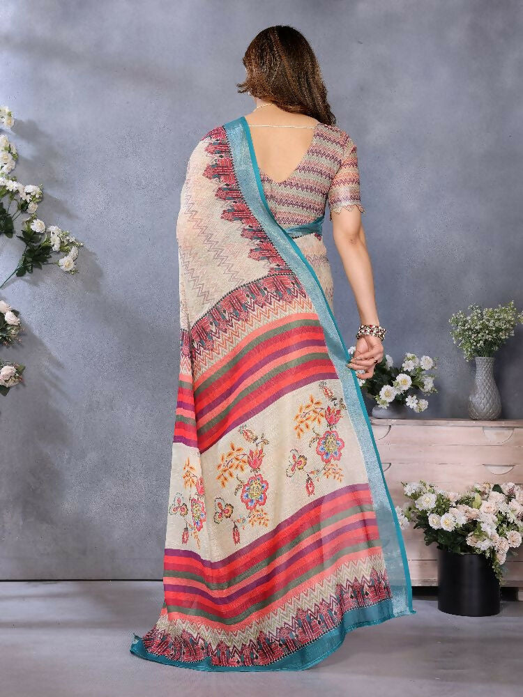 PR Fashion Cream Handloom Linen Cotton Saree | Grocsy