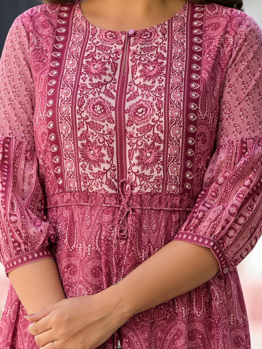 Juniper Women's Onion Pink Ethnic Motif Printed Georgette Gathers Maxi Dress With Sequins & Doris | Grocsy