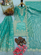Teeya Creation Turquoise Pure Silk Gimmy Silk Heavy Embroidery Work Wedding Wear Palazzo Pair | Grocsy