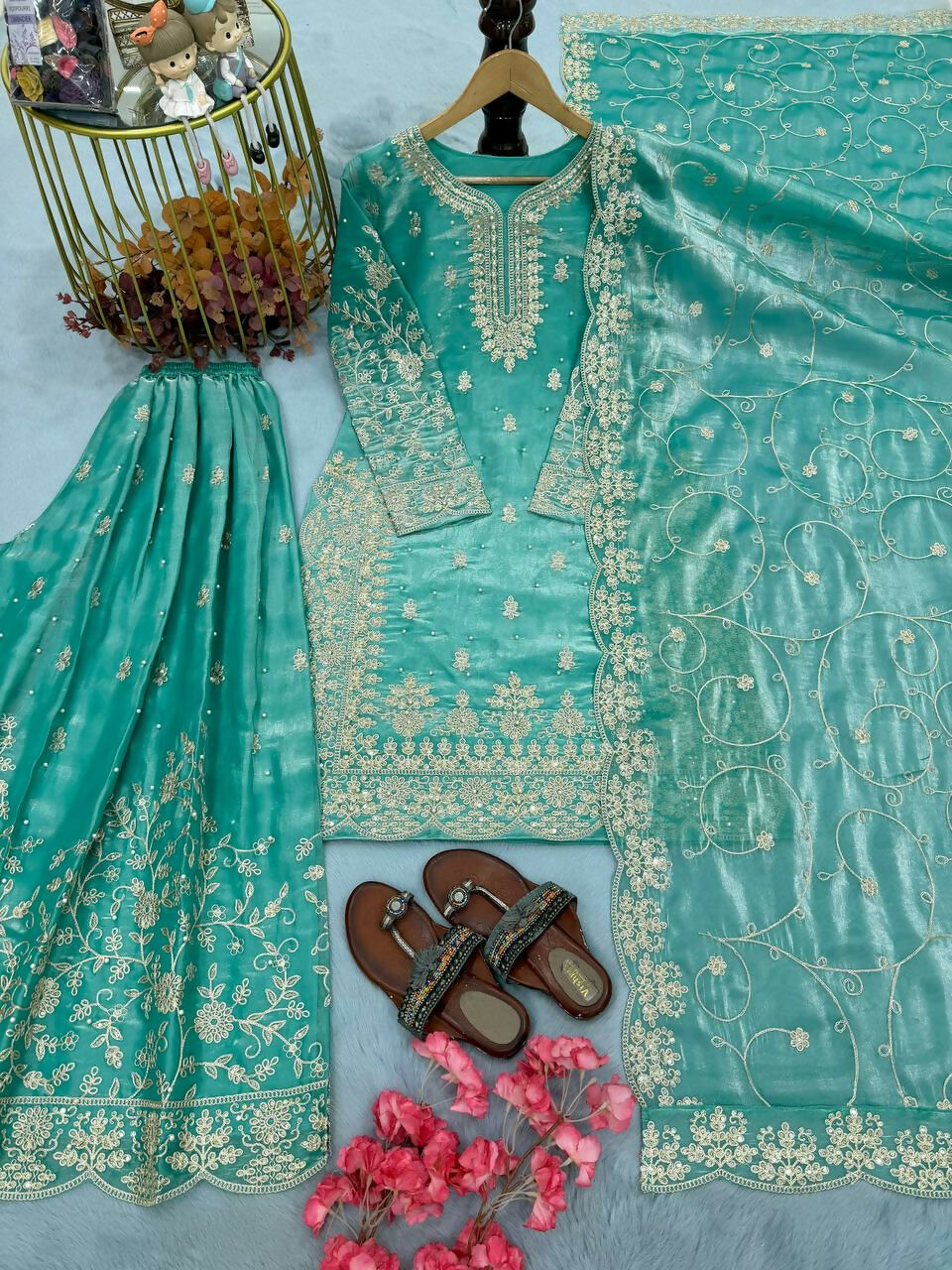 Teeya Creation Turquoise Pure Silk Gimmy Silk Heavy Embroidery Work Wedding Wear Palazzo Pair | Grocsy