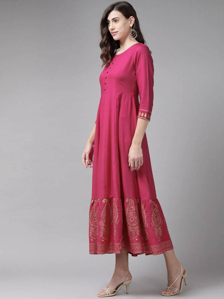 Yufta Magenta Ethnic Motifs Ethnic Maxi Dress | Grocsy