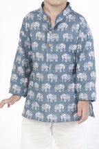 Breathables Kids Boys & Girls Cotton Night Suit – Grey Elephant Print Kurta & Pyjama Co-Ord Set | Grocsy
