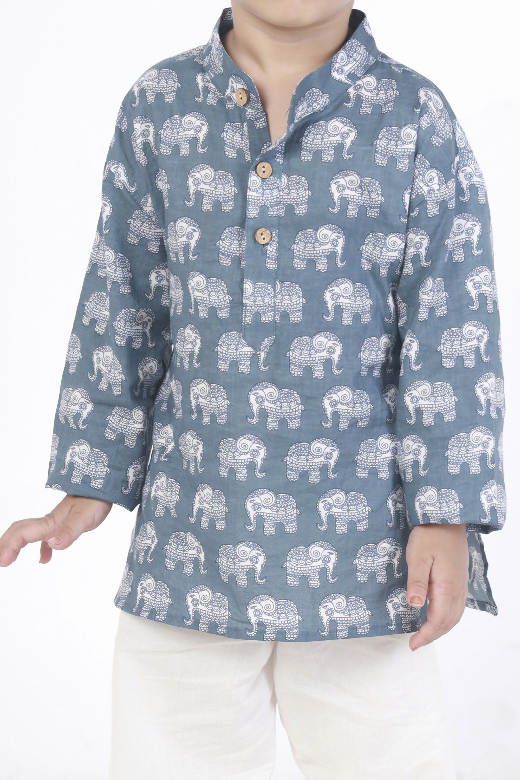 Breathables Kids Boys & Girls Cotton Night Suit – Grey Elephant Print Kurta & Pyjama Co-Ord Set | Grocsy