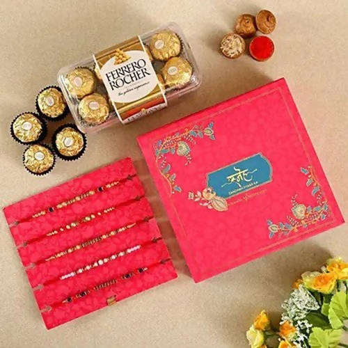 Pretty Designer Rakhi Set With 16 Pcs Ferrero Rocher | Grocsy
