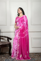 Morchari Pink Crepe Hand Embroidery Saree And Stitched Blouse | Grocsy