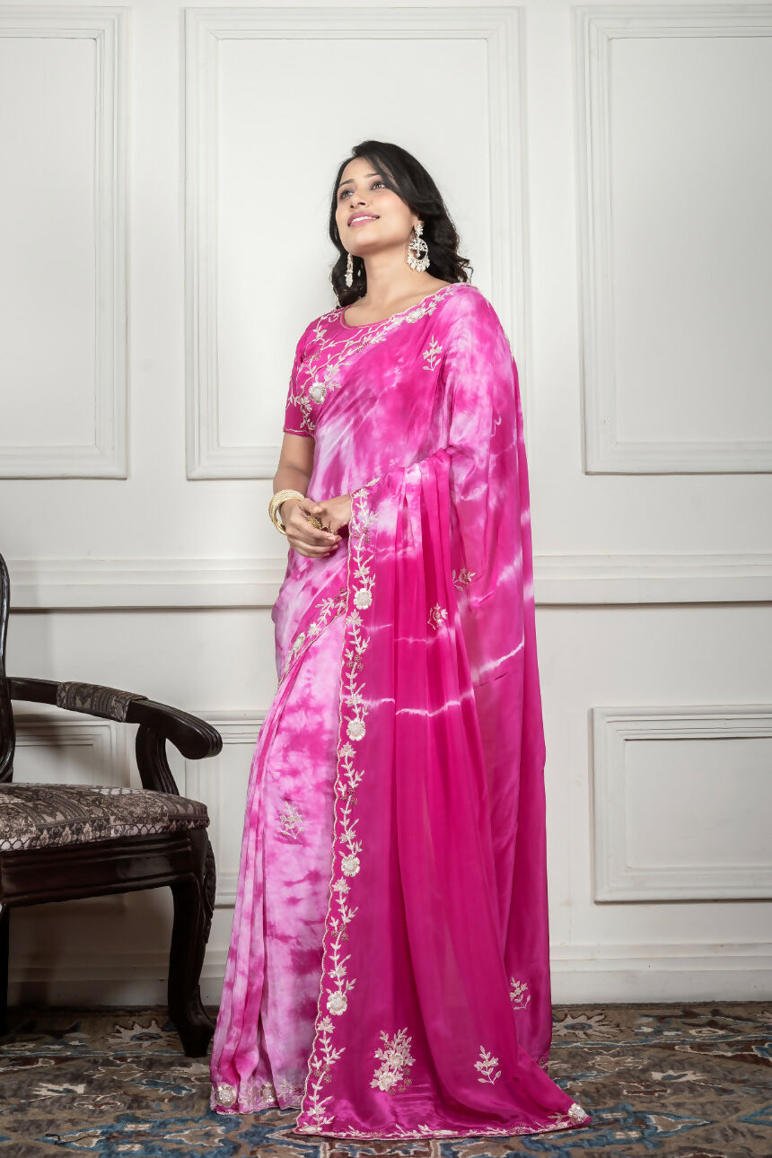 Morchari Pink Crepe Hand Embroidery Saree And Stitched Blouse | Grocsy