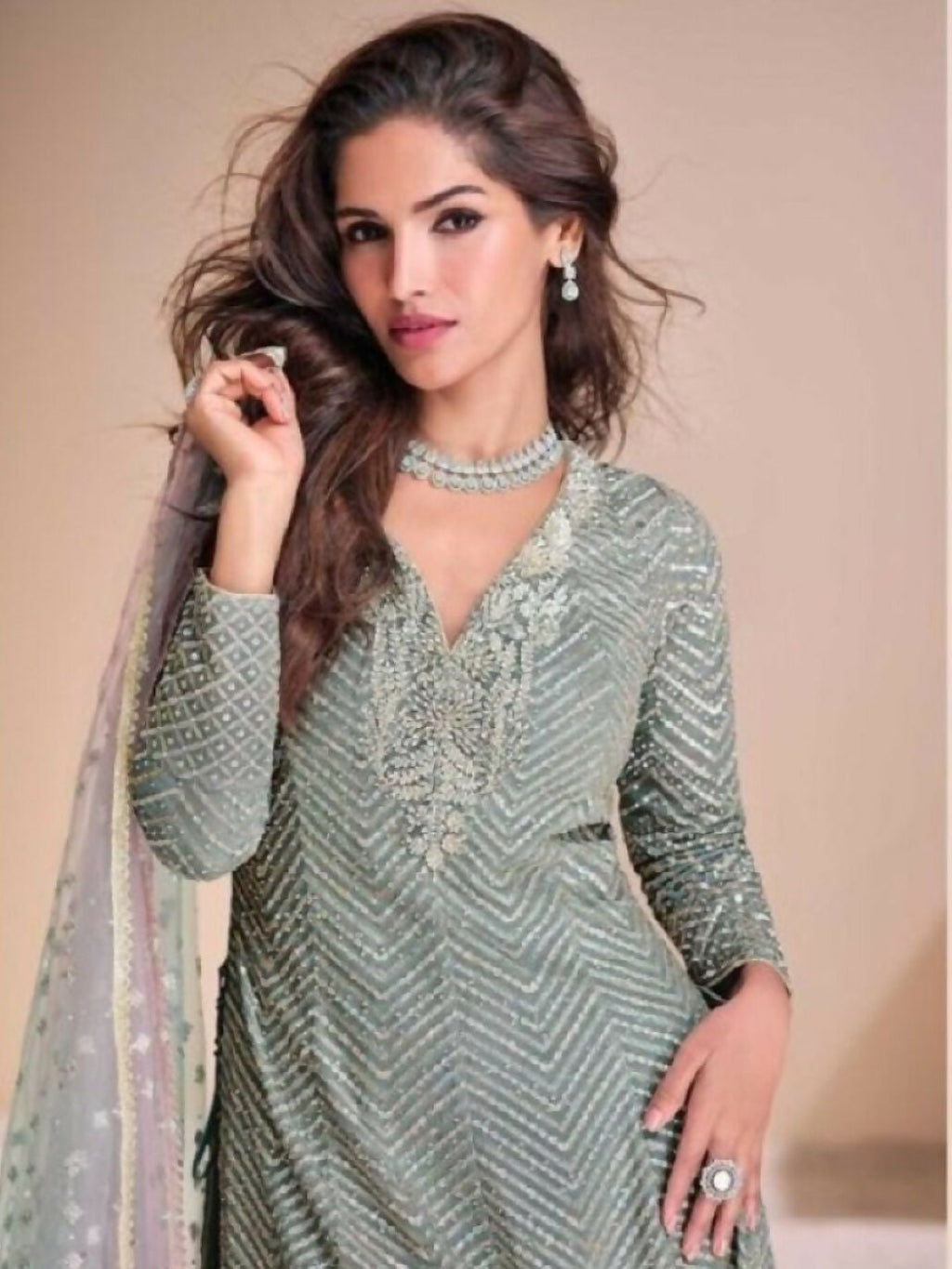 Anaita Sky-Blue Georgette Readymade Suit with Codding Dori & Sequence Work | Grocsy
