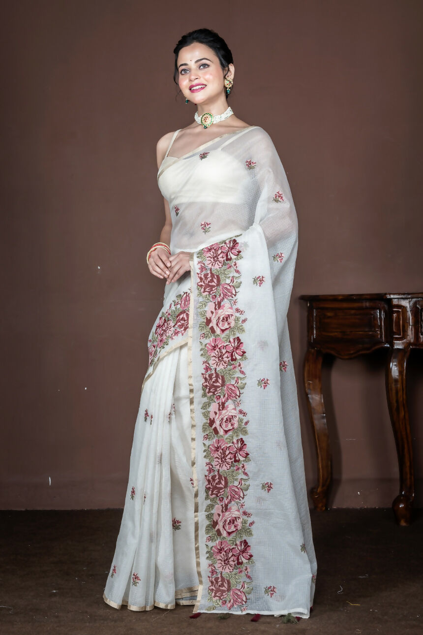 Morchari Off White Supernet Cross Embroidery Saree Unstitched Blouse | Grocsy