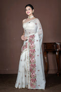 Morchari Off White Supernet Cross Embroidery Saree Unstitched Blouse | Grocsy
