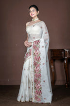 Morchari Off White Supernet Cross Embroidery Saree Unstitched Blouse | Grocsy
