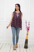 Myshka Women Brown Solid Round Neck No Sleeves Pure Cotton Top | Grocsy