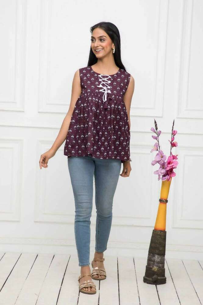 Myshka Women Brown Solid Round Neck No Sleeves Pure Cotton Top | Grocsy