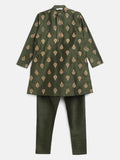 Ahalyaa Green Poly Silk Gold Print Kids Kurta Churidar Set For Boys | Grocsy