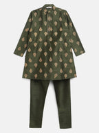 Ahalyaa Green Poly Silk Gold Print Kids Kurta Churidar Set For Boys | Grocsy