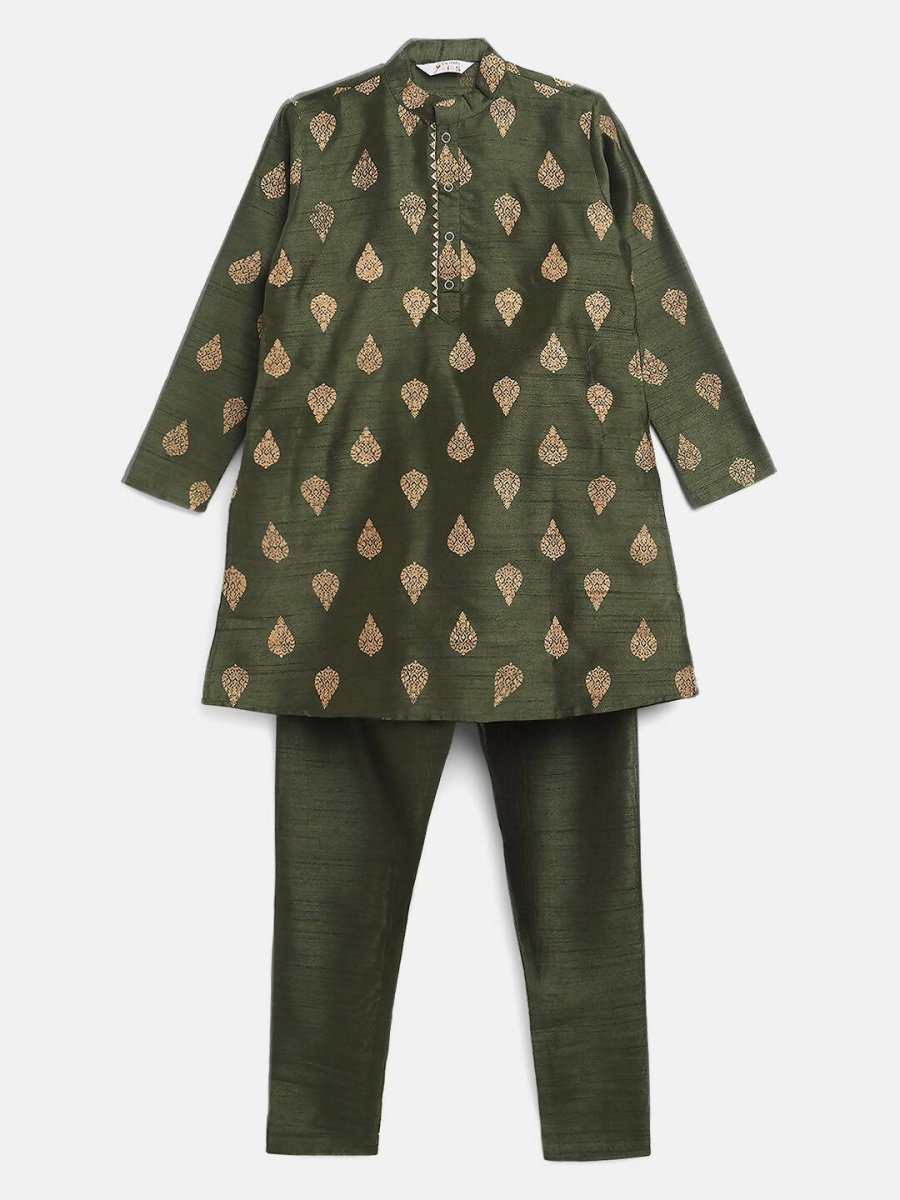 Ahalyaa Green Poly Silk Gold Print Kids Kurta Churidar Set For Boys | Grocsy