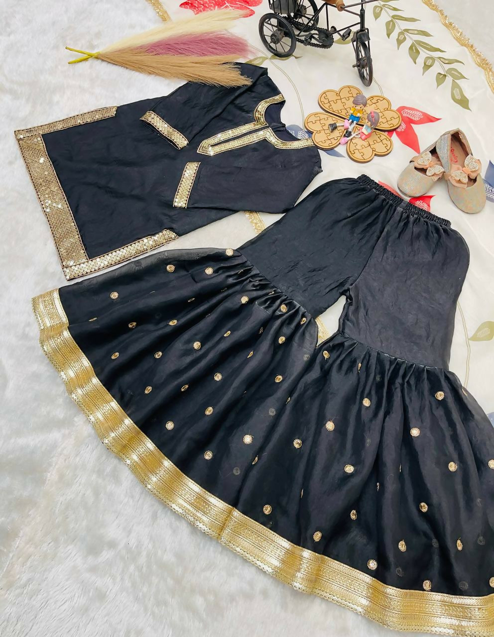Teeya Creation New Kids Trendy Heavy Embroidery Sequence Work Kurta Sharara Set-Black | Grocsy