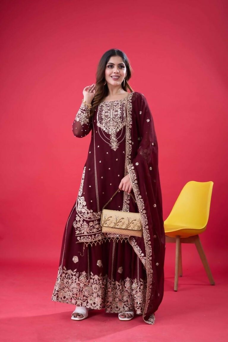 Teeya Creation Maroon Color Faux georgette Embroidery Work Sharara Set | Grocsy