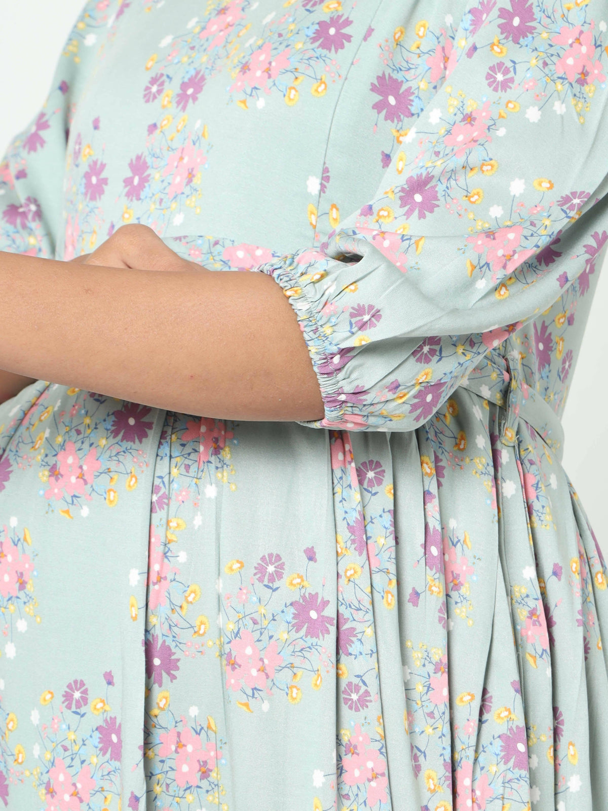 Manet Three Fourth Maternity Dress Pink Floral Print With Concealed Zipper Nursing Access - Green | Grocsy