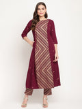 Ahalyaa Women's Wine Crepe Gold Glitter Print Kurta Trouser Set | Grocsy