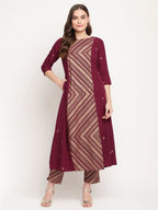 Ahalyaa Women's Wine Crepe Gold Glitter Print Kurta Trouser Set | Grocsy
