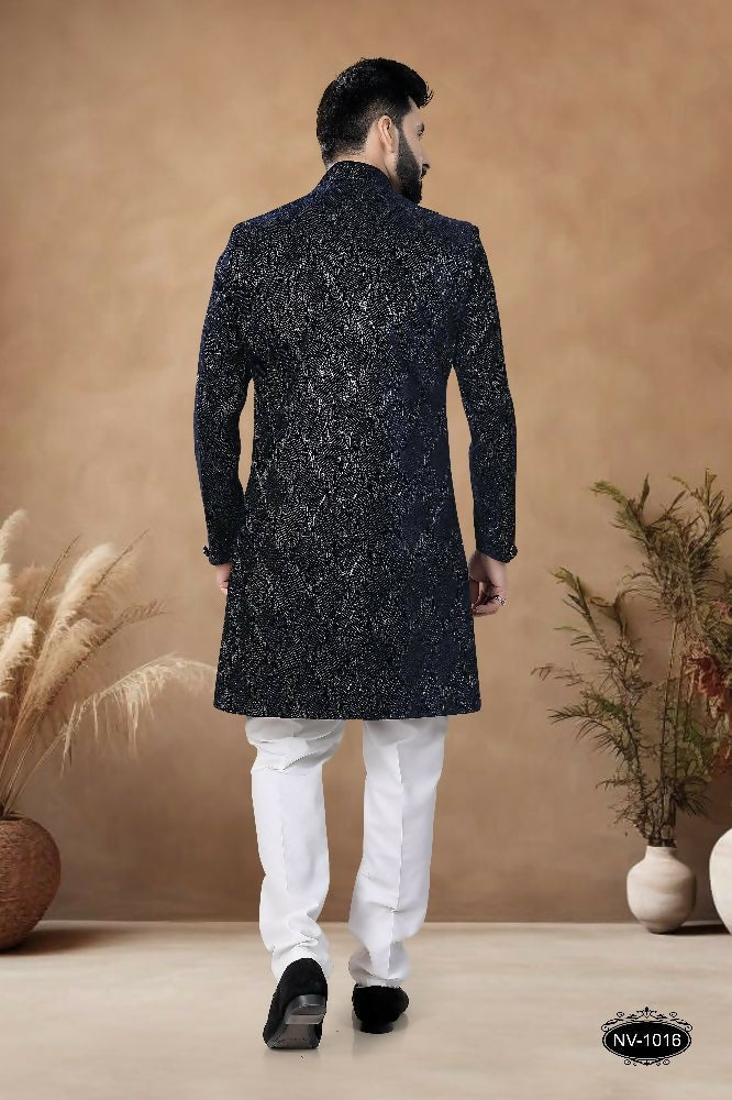 Joban Fashion Men's Blue Straight Velvet Thread & Sequence Embroidery All Over Indo-Western Kurta Set | Grocsy