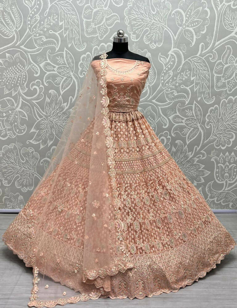 Jyoti Fashion Women's Peach Heavy Net Fancy Dori, Multi Thread, Rainbow Sequins and Diamond Work Wedding Lehenga Choli | Grocsy