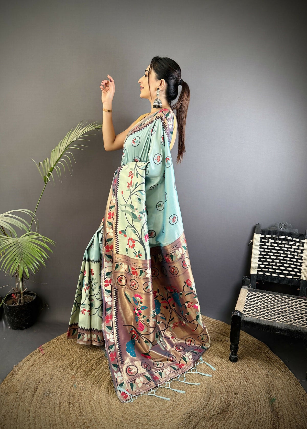 Joban Fashion Turquoise Blue Paithani Soft Silk Meenakari Saree | Grocsy