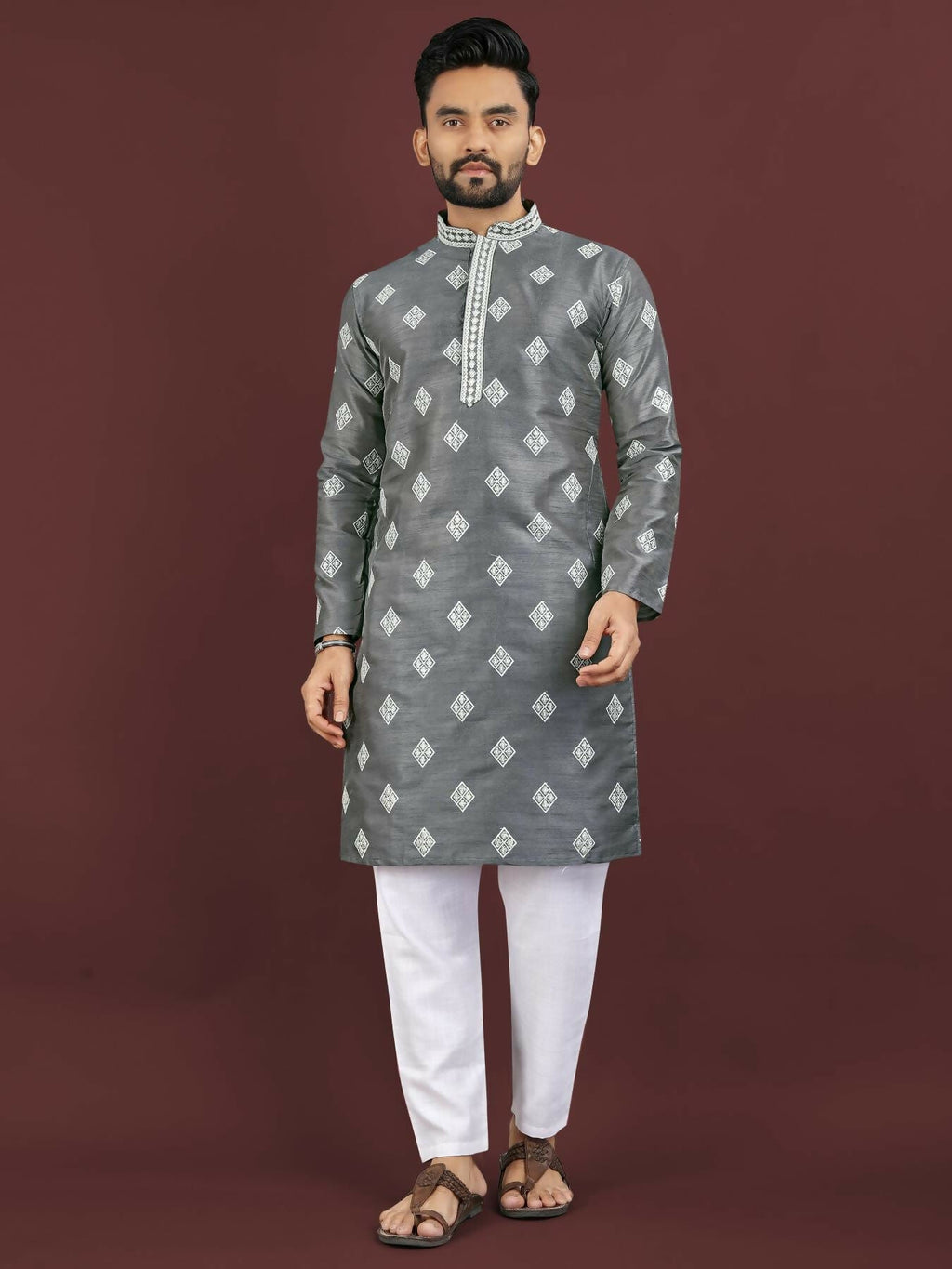 Anaita Grey Embroidered Silk Straight Kurta | Grocsy
